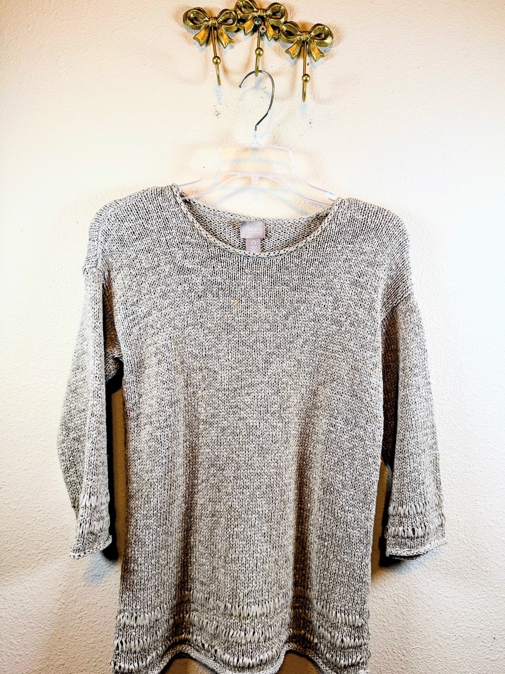 Chico's Open-Knit Sweater Top - Taupe with ribbon detailing. Chinos 0/S Size M